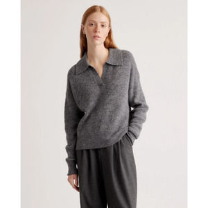 Quince Baby Alpaca-Wool Waffle Stitch Polo Sweater Charcoal Small